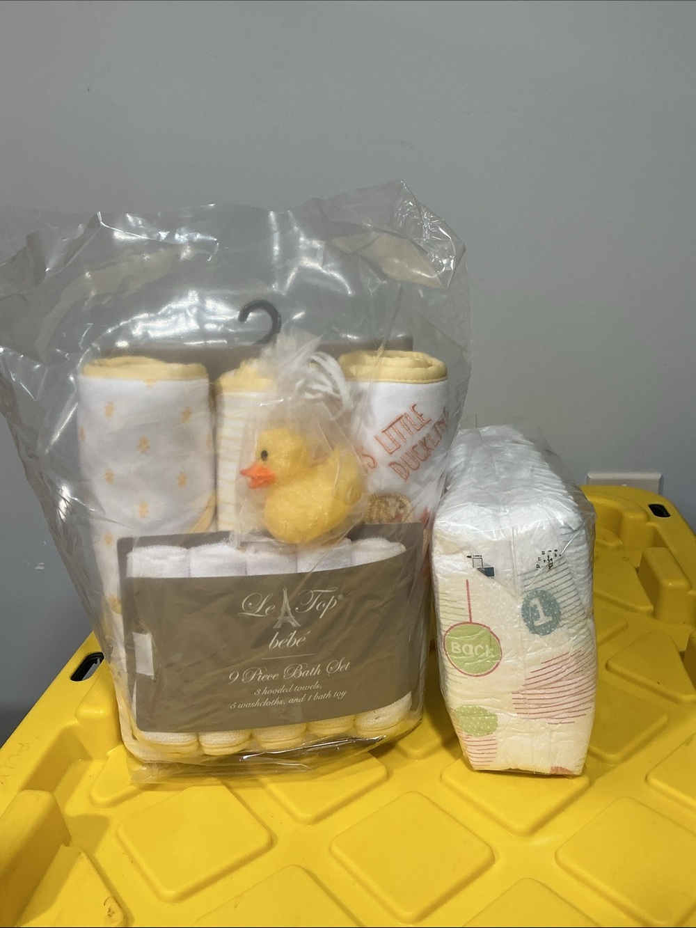 Baby Bath gift Set  9 pieces-with Yellow Duck Accents  BONUS 25 NEW born diapers